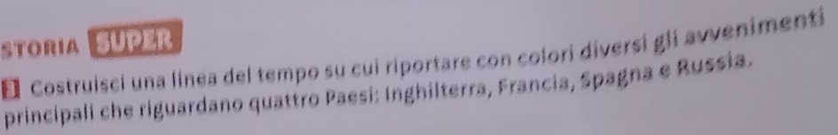 STORIA super 
E Costruisci una linea del tempo su cui riportare con colori diversi gli avvenimenti 
principali che riguardano quattro Paesi: Inghilterra, Francia, Spagna e Russia.