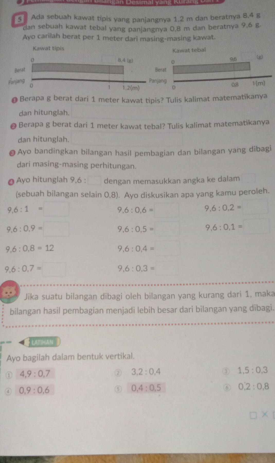 a D  esimal  y an   K u r
5  Ada sebuah kawat tipis yang panjangnya 1,2 m dan beratnya 8.4 g
dan sebuah kawat tebal yang panjangnya 0,8 m dan beratnya 9,6 g.
Ayo carilah berat per 1 meter dari masing-masing kawat.
Kawat tipis
Kawat tebal
ng
@ Berapa g berat dari 1 meter kawat tipis? Tulis kalimat matematikanya
dan hitunglah.
● Berapa g berat dari 1 meter kawat tebal? Tulis kalimat matematikanya
dan hitunglah.
❸Ayo bandingkan bilangan hasil pembagian dan bilangan yang dibagi
dari masing-masing perhitungan.
Ayo hitunglah 9,6 : _ dengan memasukkan angka ke dalam
(sebuah bilangan selain 0,8). Ayo diskusikan apa yang kamu peroleh.
9,6:1=□
9,6:0,6=□ 9,6:0,2=□
9,6:0,9=□
9,6:0,5=□ 9,6:0,1=□
9,6:0,8=12
9,6:0,4=□
9,6:0,7=□
9,6:0,3=□
Jika suatu bilangan dibagi oleh bilangan yang kurang dari 1, maka
bilangan hasil pembagian menjadi lebih besar dari bilangan yang dibagi.
latihan
Ayo bagilah dalam bentuk vertikal.
① 4,9:0,7
② 3,2:0,4
③ 1,5:0,3
④ 0,9:0,6
⑤ 0,4:0,5
⑥ 0,2:0,8
□ * [