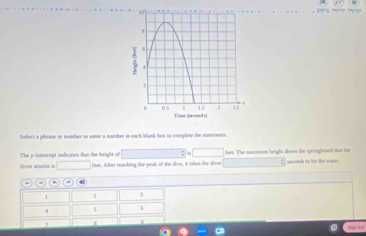 Select a phrase or number or enter a number in each blank box to complete the statements. 
The y-intercept indicates that the height of C is feet. The maximum height above the springboard that the 
diver attains is feet. After reaching the peak of the dive, it takes the diver $ seconds to hit the water.
1 2 3
4 5 6
7 8 9
lgn out
