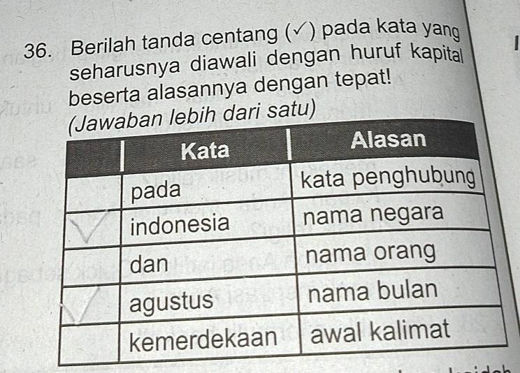 Berilah tanda centang (√ ) pada kata yang 

seharusnya diawali dengan huruf kapital 
beserta alasannya dengan tepat! 
satu)