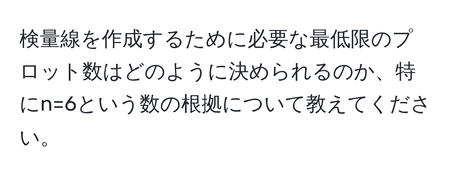 検量線を作成するために必要な最低限のプロット数はどのように決められるのか、特にn=6という数の根拠について教えてください。