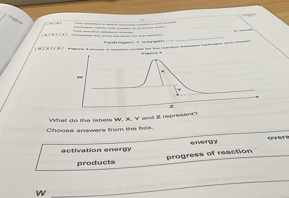 This question is about chemical reactions and energy
Hydrogen reacts with oxygen to produce water
This reaction releases energy
[1 mark
_
o / > / / Complete the word equation for the reaction
hydrogen + oxygen
a 1. 1 gure 3 shows a reaction profile for the reaction between hydrogen and oxyden.
What do the labels W, X, Y and Z represent?
Choose answers from the box.
energy overa
activation energy
products progress of reaction
W
_