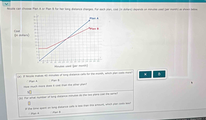 Nicole can choose Plan A or Plan B for her long distance charges. For each plan, cost (in dollars) depends on minutes used (per month) as shown below.
(a) If Nicole makes 40 minutes of long distance calls for the month, which plan costs more? ×
Plan A ○Plan B
How much more does it cost than the other plan?
s[
(b) For what number of long distance minutes do the two plans cost the same?
n
If the time spent on long distance calls is less than this amount, which plan costs less?
Plan A Plan B