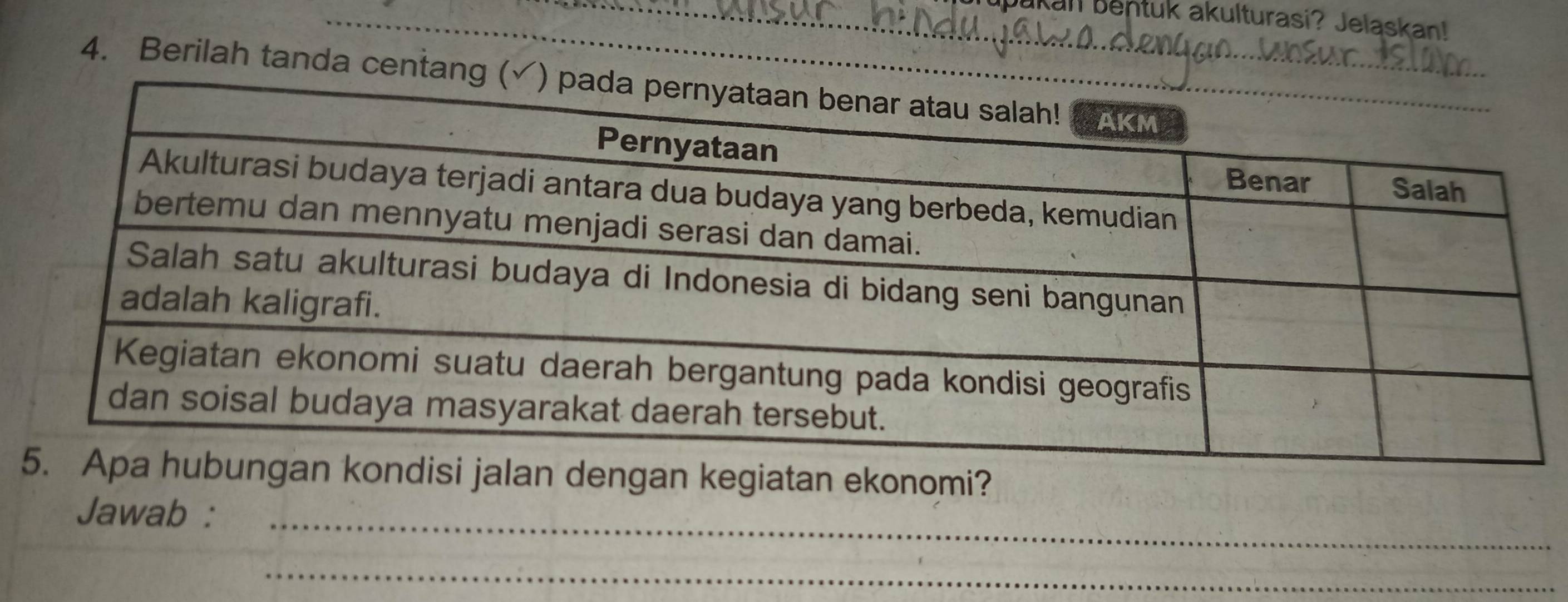 Kall Bentuk akulturasi? Jelaskan! 
4. Berilah tanda centang 
tan ekonomi? 
Jawab :_ 
_