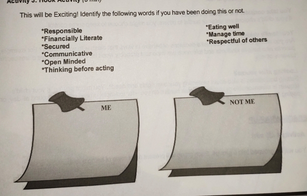 This will be Exciting! Identify the following words if you have been doing this or not.
*Responsible *Eating well
*Financially Literate *Manage time
*Secured *Respectful of others
*Communicative
*Open Minded
*Thinking before acting