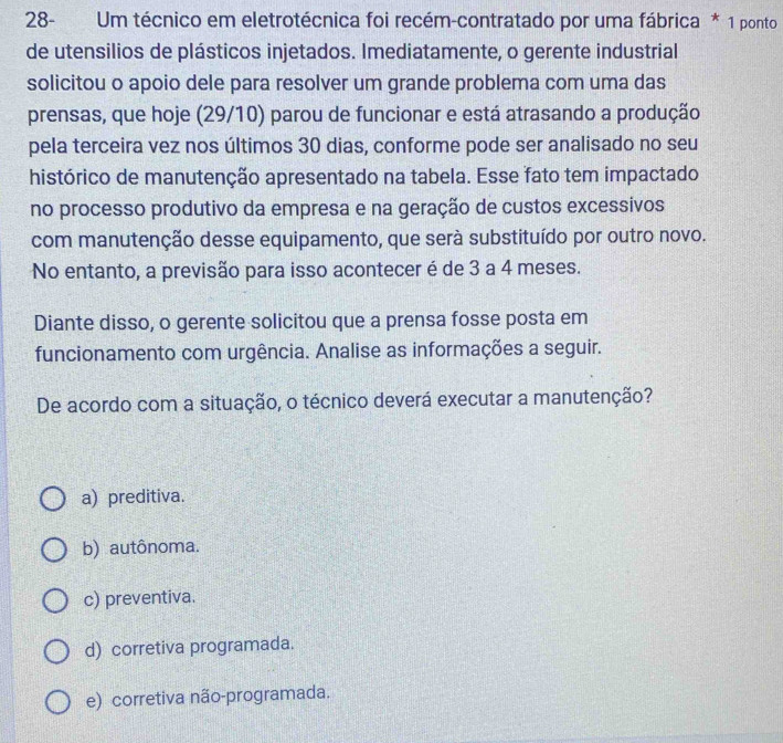 28- Um técnico em eletrotécnica foi recém-contratado por uma fábrica * 1 ponto
de utensilios de plásticos injetados. Imediatamente, o gerente industrial
solicitou o apoio dele para resolver um grande problema com uma das
prensas, que hoje (29/10) parou de funcionar e está atrasando a produção
pela terceira vez nos últimos 30 dias, conforme pode ser analisado no seu
histórico de manutenção apresentado na tabela. Esse fato tem impactado
no processo produtivo da empresa e na geração de custos excessivos
com manutenção desse equipamento, que serà substituído por outro novo.
No entanto, a previsão para isso acontecer é de 3 a 4 meses.
Diante disso, o gerente solicitou que a prensa fosse posta em
funcionamento com urgência. Analise as informações a seguir.
De acordo com a situação, o técnico deverá executar a manutenção?
a) preditiva.
b) autônoma.
c) preventiva.
d) corretiva programada.
e) corretiva não-programada.