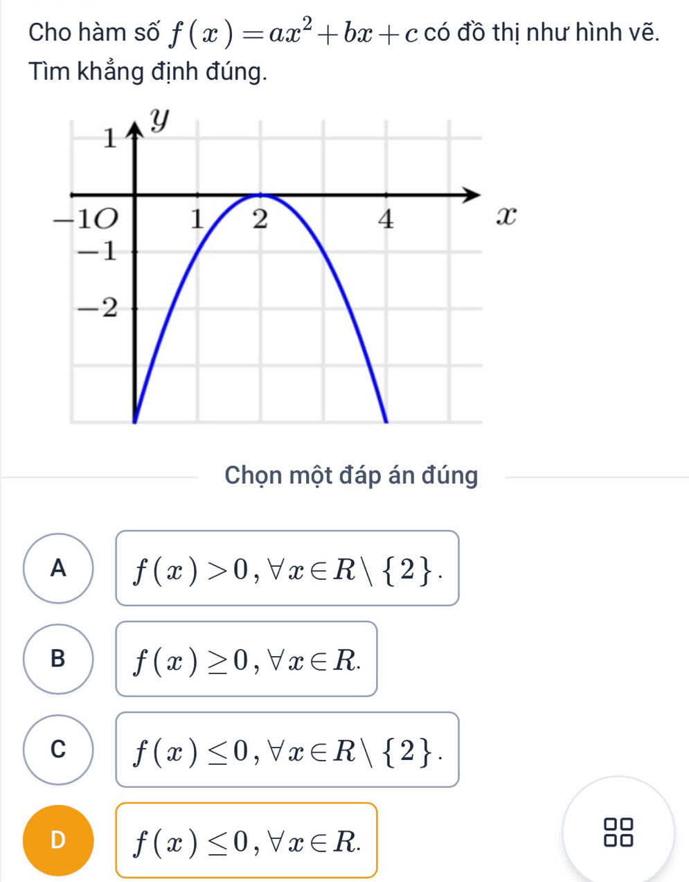 Cho hàm số f(x)=ax^2+bx+c có đồ thị như hình vẽ.
Tìm khẳng định đúng.
Chọn một đáp án đúng
A f(x)>0, forall x∈ R| 2.
B f(x)≥ 0, forall x∈ R.
C f(x)≤ 0, forall x∈ R| 2.
D f(x)≤ 0, forall x∈ R.