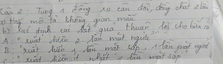 Cau a Tung dōng xu cān doi dǒing chat a lán
Hag mó fa Khong giān, mai
No
b) Rat fink caó d quá thuan loi chobin cò
A: "xuāi Riēn Q Ràn mat nquú 21
B:xuàt hiàn pān mái sáp, a lan mat mguè
cxuaf Rien it what i pan mat sàp