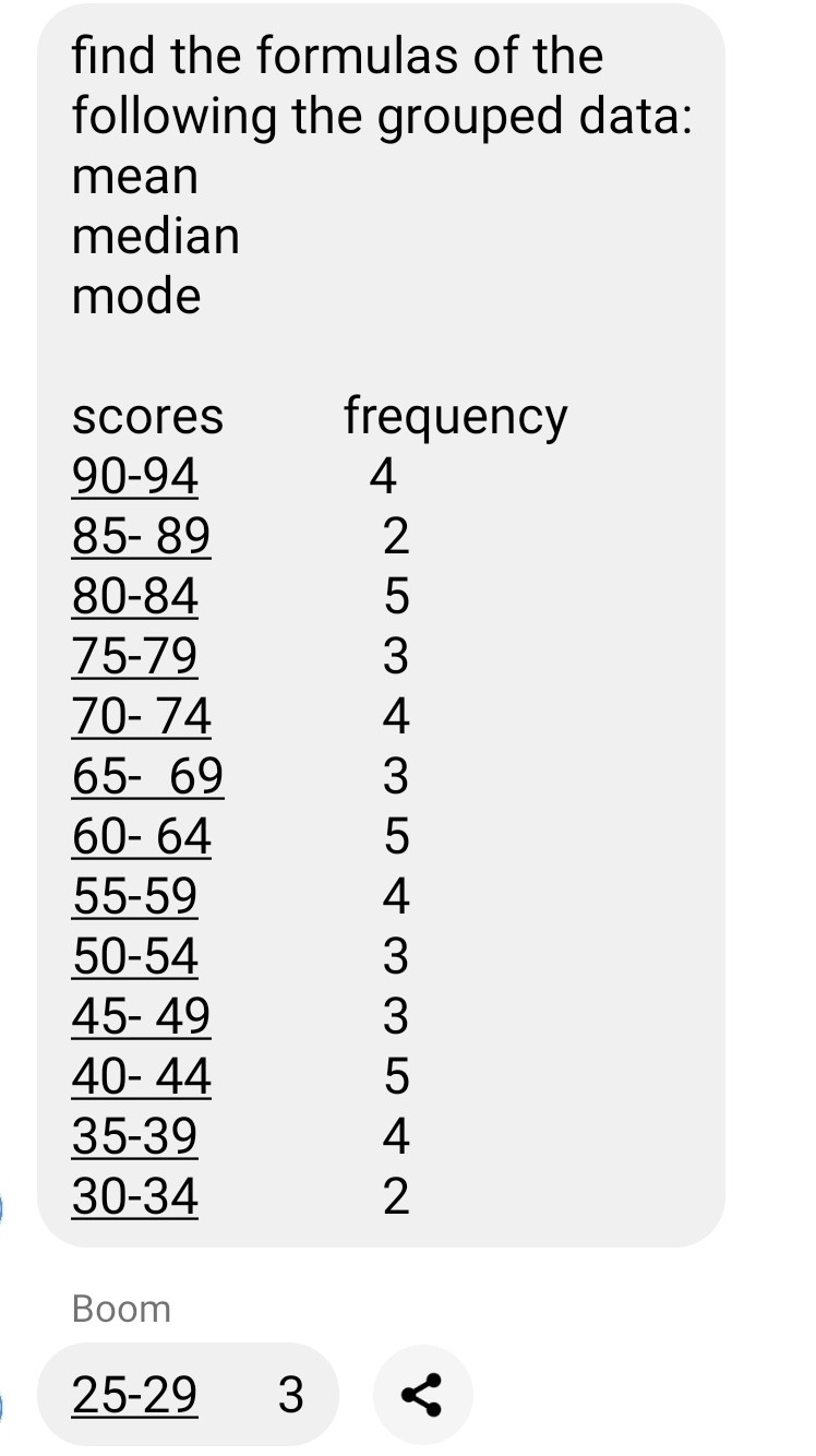 find the formulas of the 
following the grouped data: 
mean 
median 
mode 
Boom
25 - 29 3 <