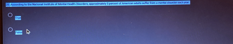According to the National Institute of Mental Health Disorders, approximately 5 percent of American adults suffer from a mental disorder each year.
Truc
False