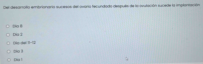 Del desarrollo embrionario sucesos del ovario fecundado después de la ovulación sucede la implantación
Día 8
Día 2
Día del 11 - 12
Día 3
Día 1