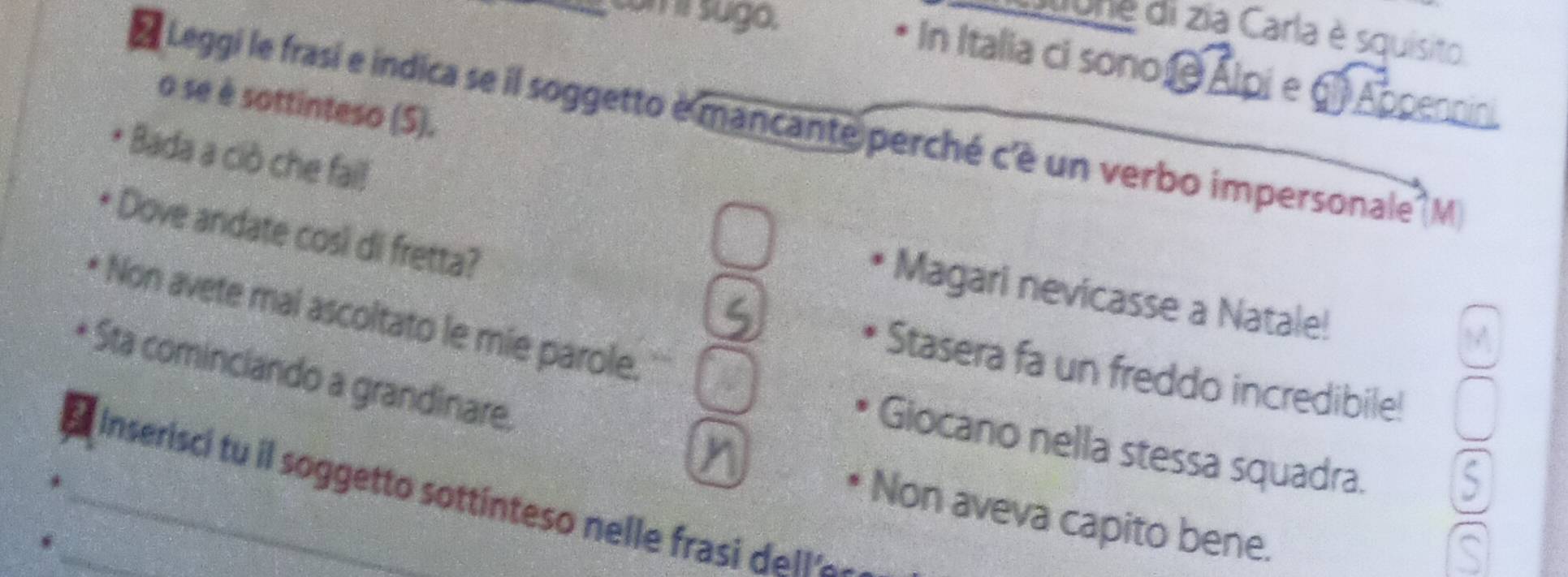 com l sugo. 
Aone di zia Carla è squisito 
* In Italia ci sono e Alpi e gi Appennini. 
o se è sottinteso (S). 
Leggi le frasí e indica se il soggetto e mancante perché c'è un verbo impersonale M 
* Bada a ciò che fail 
* Dove andate così di fretta? 
Magari nevicasse a Natale! 
Non avete mal ascoltato le mie parole. 
Stasera fa un freddo incredibile! 
Sta cominciando a grandinare. 
Giocano nella stessa squadra. 
_ nserisci tu i soggetto sottinteso nelle frasi del le 
Non aveva capito bene.