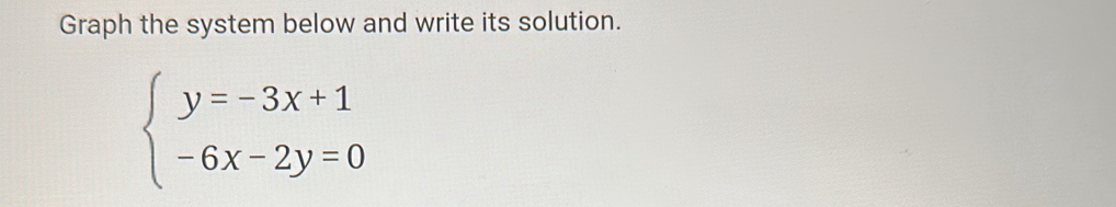 Graph the system below and write its solution.
beginarrayl y=-3x+1 -6x-2y=0endarray.