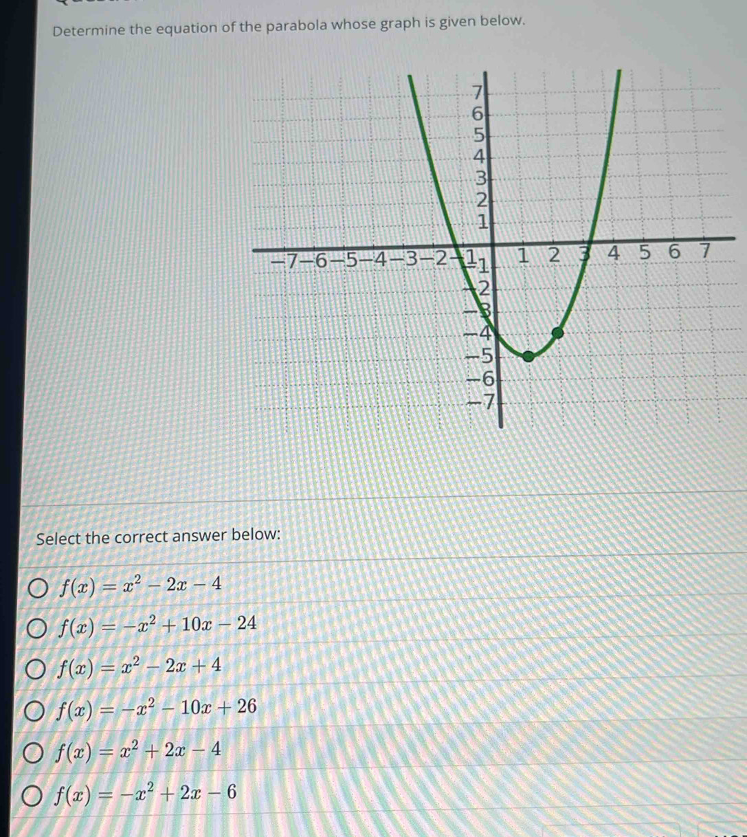 Determine the equation of the parabola whose graph is given below.
Select the correct answer below:
f(x)=x^2-2x-4
f(x)=-x^2+10x-24
f(x)=x^2-2x+4
f(x)=-x^2-10x+26
f(x)=x^2+2x-4
f(x)=-x^2+2x-6