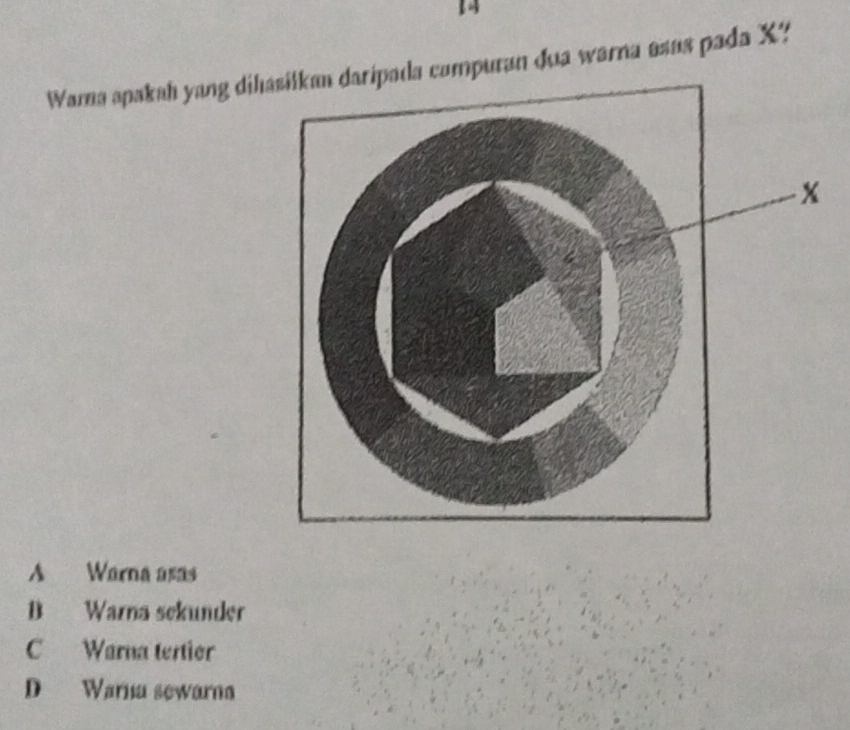 Wama apakah yang dihda compuran dua warna asus pada X?
A Warna asas
B Warna sekunder
C Warna tertier
D Warna sewarna