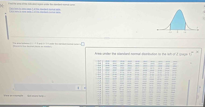 ← Find the area of the indicated region under the standard normal curve
Click here to view pago 1 of the standard normal table
Click here to view nade 2 of the standard normal table
^
The ares between z=-1.5 and z=1.4 under the standard normal curve is
(Round to four decinal places as needed )
×
Area under the standard normal distribution to the left of Z (page 1)
002 002= 0029 0019 0017 ,∞0∞3
-  2.7 0026 .0036 00 17
~2.6 - 2,5 0048 0049 0031 0038 0052. 0019 0054 0040 pos 0641 0057 604) 0053 0078 0044 0045 0000 302 0047 0062
0066 00%8 0Os9 0071 .0373 0075 08
-2.4 .0064 0084 0097 0089
- 2.3 -2.1 0115 011 6116 G110 0091 0158 0122 .00%4 00% 0125 * 012 9 2099 21?3 0122 0139 0104 0129
- 2.1 0143 8146 0150 0212 5227 m 2
-19 2 0 6181 916n .00/92 0154 .019= 6207 #20 1 063 4166 012g 20 79
.0731 0239 .0244 0250 4256 0262
- 17 - 1.8 0294 010 035° 2384 5314 0192 0121 0129 04T8 ,54j% 2311 544t 0233
m  0375
. - 1.5 -1,4 0135 5483 0475 645 104 0806 5455 0618 6850 360 053 o5s .
,
0951 0559 00l4 orzi dr5 0%4 ,9
- 1A ÷ 1.3
12 0181 0874 0831 2err D9TA 2034 0831 '  
10
Abors 7274 1221
View an example Get more help - - b ,a 110 190 153 1210 1230 1211 1956 1 4=2 120 (3) ( 03 1,,,
-11
… 
      
G
-0.9 0622    1922  x00 2511 2061 170  o 
1594 3782
38