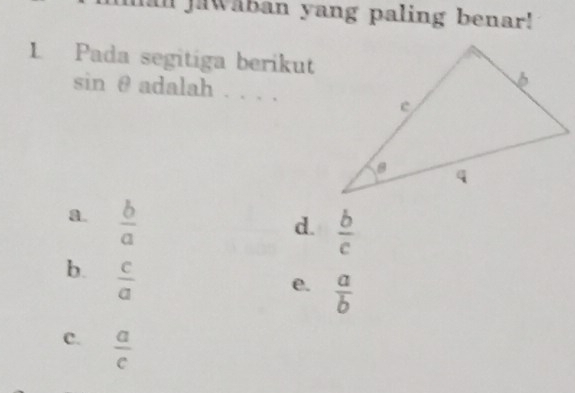 jawaban yang paling benar!
L Pada segitiga berikut
sin θ adalah 、、、
a.  b/a 
d.  b/c 
b.  c/a 
e.  a/b 
C.  a/c 