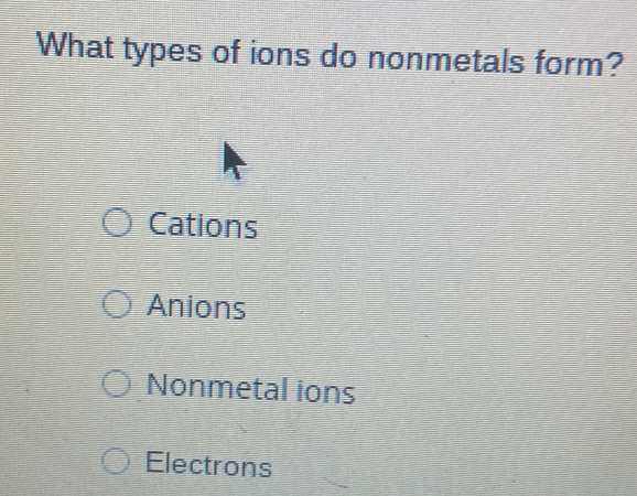 What types of ions do nonmetals form?
Cations
Anions
Nonmetal ions
Electrons