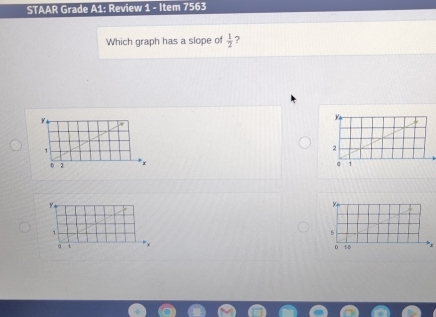 STAAR Grade A1: Review 1 - Item 7563 
Which graph has a slope of  1/2  ?