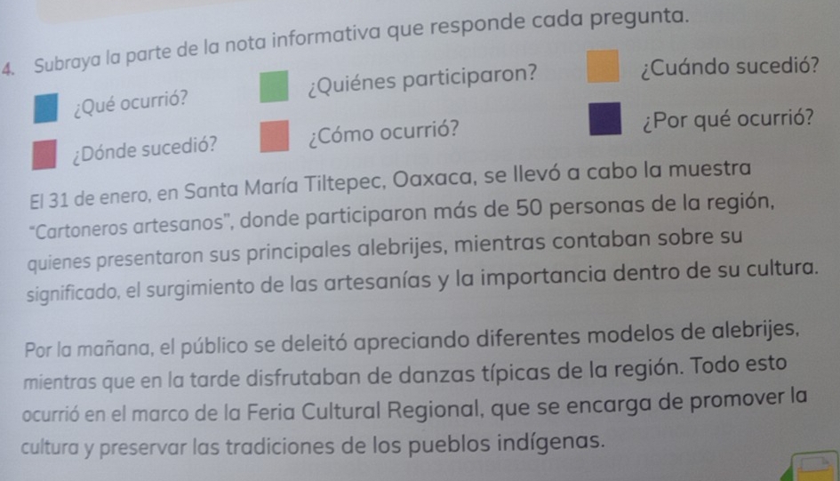 Subraya la parte de la nota informativa que responde cada pregunta. 
¿Qué ocurrió? ¿Quiénes participaron? 
¿Cuándo sucedió? 
¿Dónde sucedió? ¿Cómo ocurrió? ¿Por qué ocurrió? 
El 31 de enero, en Santa María Tiltepec, Oaxaca, se llevó a cabo la muestra 
'Cartoneros artesanos', donde participaron más de 50 personas de la región, 
quienes presentaron sus principales alebrijes, mientras contaban sobre su 
significado, el surgimiento de las artesanías y la importancia dentro de su cultura. 
Por la mañana, el público se deleitó apreciando diferentes modelos de alebrijes, 
mientras que en la tarde disfrutaban de danzas típicas de la región. Todo esto 
ocurrió en el marco de la Feria Cultural Regional, que se encarga de promover la 
cultura y preservar las tradiciones de los pueblos indígenas.