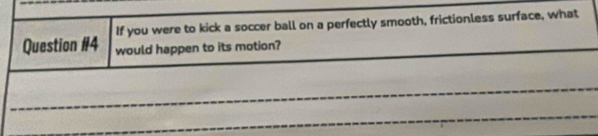 If you were to kick a soccer ball on a perfectly smooth, frictionless surface, what 
Question #4 would happen to its motion? 
_ 
_ 
_