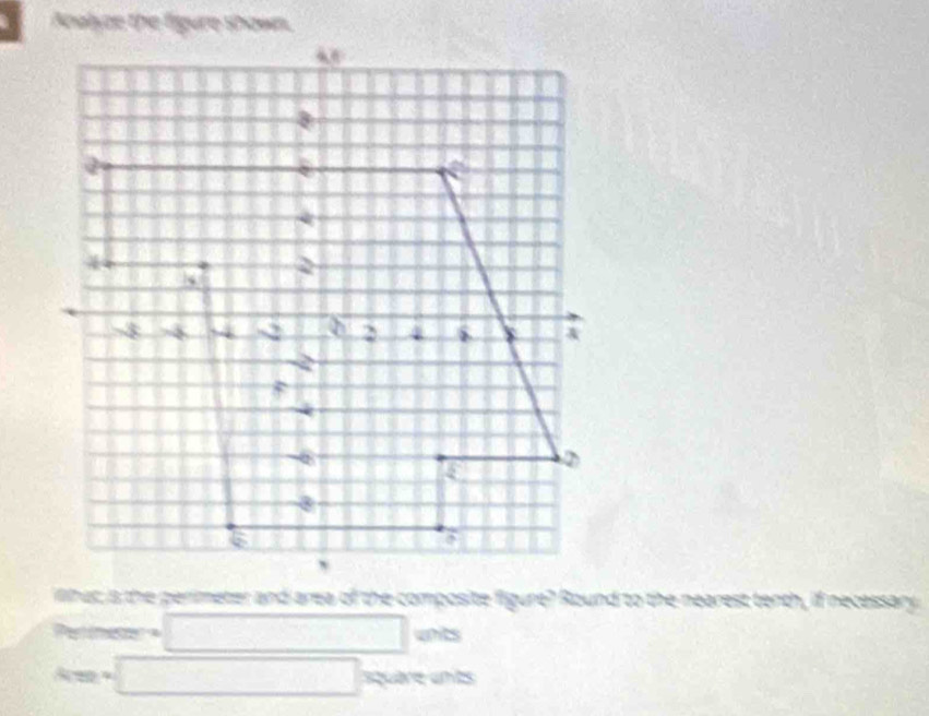 lhuc is the perimeter and area of the composite figure? Round to the nearest tenth, if necessary 
Petineson □ units
k=□ squère unts