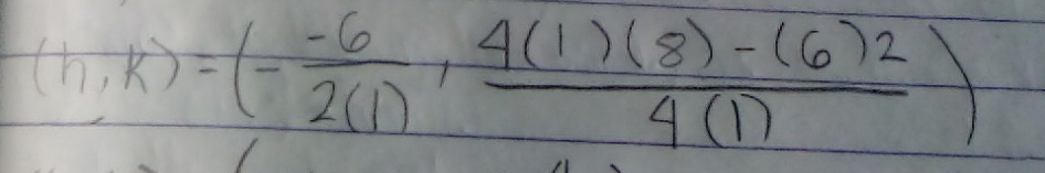 (h,k)=(- (-6)/2(1) , (4(1)(8)-(6)2)/4(1) )