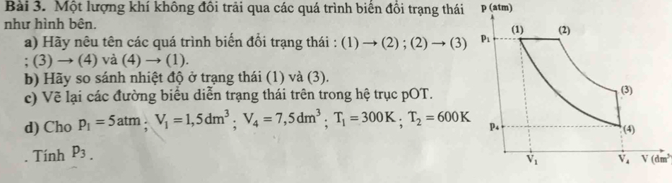 Một lượng khí không đôi trải qua các quá trình biển đồi trạng thái p (atm)
như hình bên. (1) (2) 
a) Hãy nêu tên các quá trình biển đổi trạng thái : (1) → to (2);(2)to (3) p_1; (3) → (4) và (4) → (1). 
b) Hãy so sánh nhiệt độ ở trạng thái (1) và (3). 
c) Vẽ lại các đường biểu diễn trạng thái trên trong hệ trục pOT. (3) 
d) Cho p_1=5atm; V_1=1,5dm^3; V_4=7,5dm^3; T_1=300K; T_2=600K P4 (4) 
Tính P_3.
V_1
V_4 V(dm^3