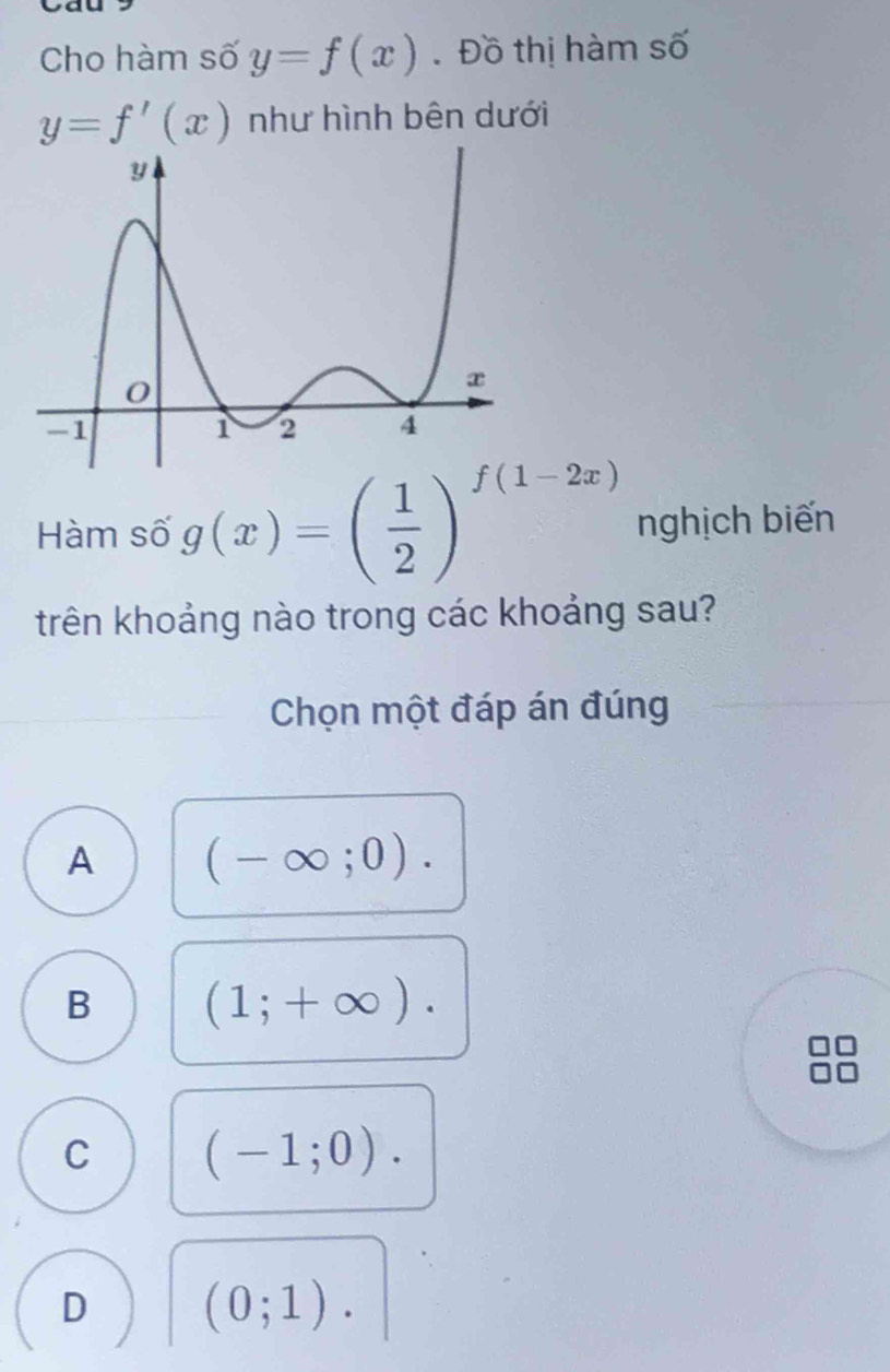 Cho hàm số y=f(x) Đồ thị hàm số
y=f'(x) như hình bên dưới
Hàm số g(x)=( 1/2 )^f(1-2x) nghịch biến
trên khoảng nào trong các khoảng sau?
Chọn một đáp án đúng
A (-∈fty ;0).
B (1;+∈fty ).
C (-1;0).
∴ △ A,4)
D (0;1).