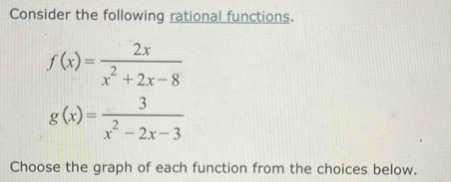 Consider the following rational functions.
f(x)= 2x/x^2+2x-8 
g(x)= 3/x^2-2x-3 
Choose the graph of each function from the choices below.