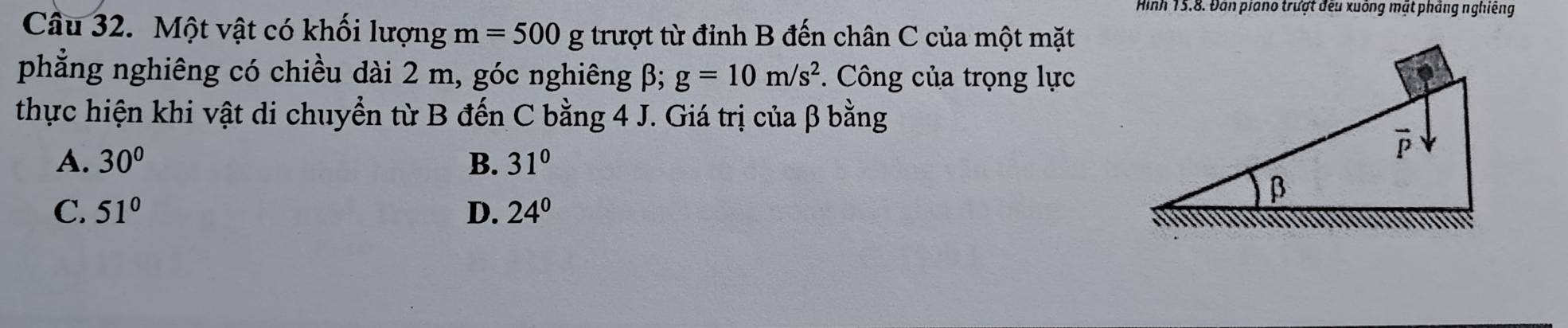 Hình 15.8. Đân piano trượt đếu xuống mặt phảng nghiêng
Câu 32. Một vật có khối lượng m=500g trượt từ đỉnh B đến chân C của một mặt
phẳng nghiêng có chiều dài 2 m, góc nghiêng β; g=10m/s^2. Công của trọng lực
thực hiện khi vật di chuyển từ B đến C bằng 4 J. Giá trị của β bằng
A. 30° B. 31°
C. 51° D. 24°