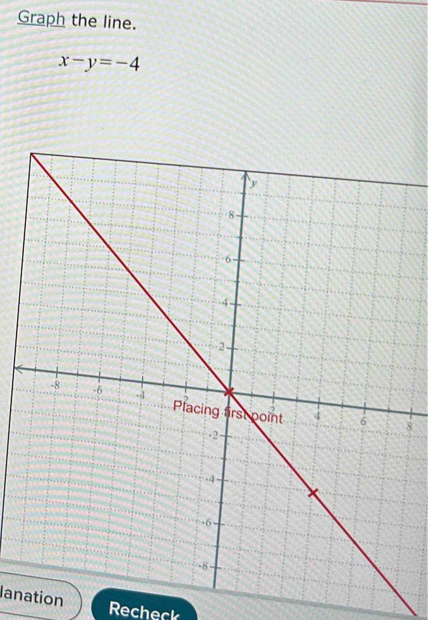 Graph the line.
x-y=-4
8 
lanation 
Recheck