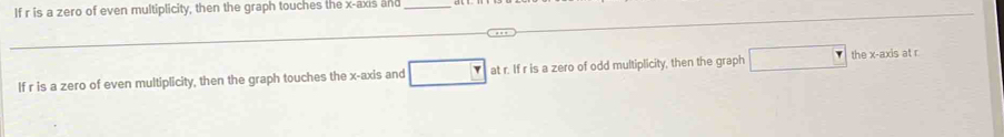 If r is a zero of even multiplicity, then the graph touches the x-axis and_ 
If r is a zero of even multiplicity, then the graph touches the x-axis and □ at r. If r is a zero of odd multiplicity, then the graph □ the x-axis at r