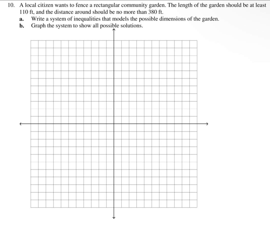 A local citizen wants to fence a rectangular community garden. The length of the garden should be at least
110 ft, and the distance around should be no more than 380 ft. 
a. Write a system of inequalities that models the possible dimensions of the garden.