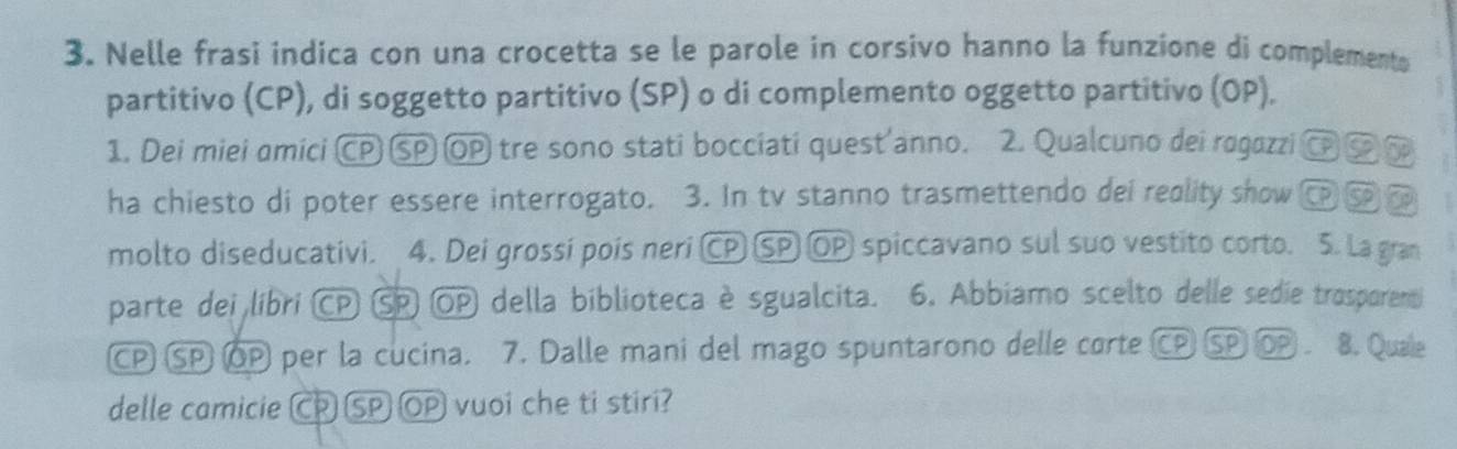 Nelle frasi indica con una crocetta se le parole in corsivo hanno la funzione di complemento 
partitivo (CP), di soggetto partitivo (SP) o di complemento oggetto partitivo (OP). 
1. Dei miei amici CP) SP OP tre sono stati bocciati quest'anno. 2. Qualcuno dei ragazzi 
ha chiesto di poter essere interrogato. 3. In tv stanno trasmettendo dei reality show 
molto diseducativi. 4. Dei grossi pois neri CP SP OP spiccavano sul suo vestito corto. 5. La gran 
parte dei libri CP SP OP della biblioteca è sgualcita. 6. Abbiamo scelto delle sedie trosporenti 
CP SP OP per la cucina. 7. Dalle mani del mago spuntarono delle corte CP SP OP. 8. Quale 
delle camicie CR SP OP vuoi che ti stiri?