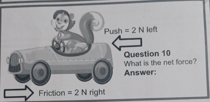 Push =2N left 
4 
Question 10 
What is the net force? 
Answer: 
Friction =2N right