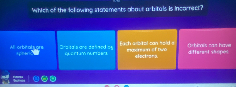 Which of the following statements about orbitals is incorrect?
All orbital are Orbitals are defined by Each orbital can hold a Orbitals can have
maximum of two
spheric quantum numbers. electrons. different shapes.
Marcos
Espinoza