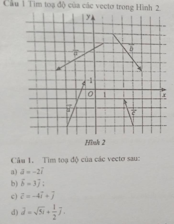 Cầu 1 Tìm toạ độ của các vectơ trong Hình 2.
Hình 2
Câu 1. Tìm toạ độ của các vectơ sau:
a) vector a=-2vector i
b) vector b=3vector j;
c) vector c=-4vector i+vector j
d) vector d=sqrt(5i)+ 1/2 vector j.