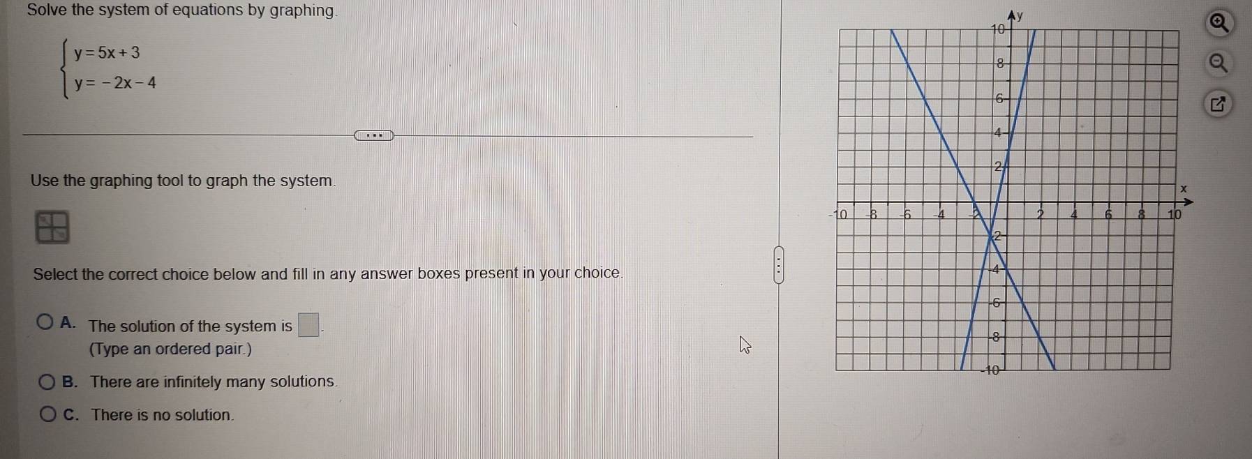 Solve the system of equations by graphing.
Q
beginarrayl y=5x+3 y=-2x-4endarray.
a
B
Use the graphing tool to graph the system.
Select the correct choice below and fill in any answer boxes present in your choice.
A. The solution of the system is □ . 
(Type an ordered pair.)
B. There are infinitely many solutions
C. There is no solution