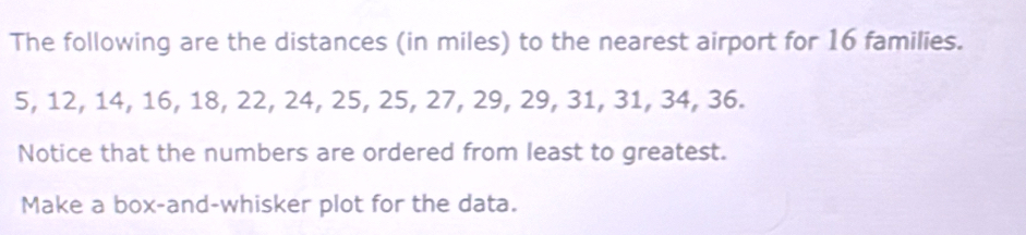 The following are the distances (in miles) to the nearest airport for 16 families.
5, 12, 14, 16, 18, 22, 24, 25, 25, 27, 29, 29, 31, 31, 34, 36. 
Notice that the numbers are ordered from least to greatest. 
Make a box-and-whisker plot for the data.