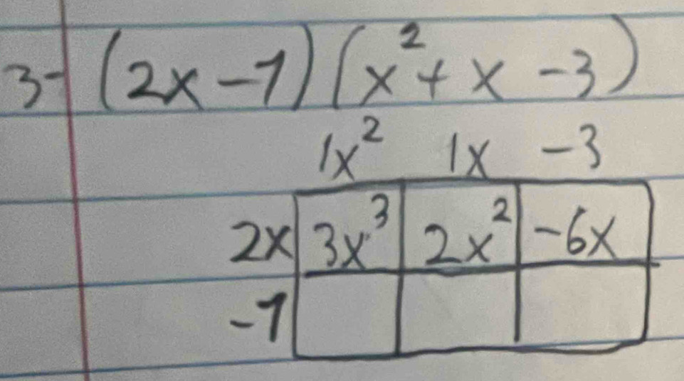 3-(2x-1)(x^2+x-3)
1x^2 1x-3