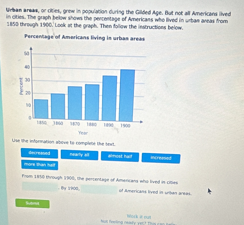 Urban areas, or cities, grew in population during the Gilded Age. But not all Americans lived
in cities. The graph below shows the percentage of Americans who lived in urban areas from
1850 through 1900. Look at the graph. Then follow the instructions below.
Use the information above to complete the text.
decreased nearly all almost half increased
more than half
From 1850 through 1900, the percentage of Americans who lived in cities
By 1900, of Americans lived in urban areas.
Submit
Work it out
Not feeling ready yet? This can hel