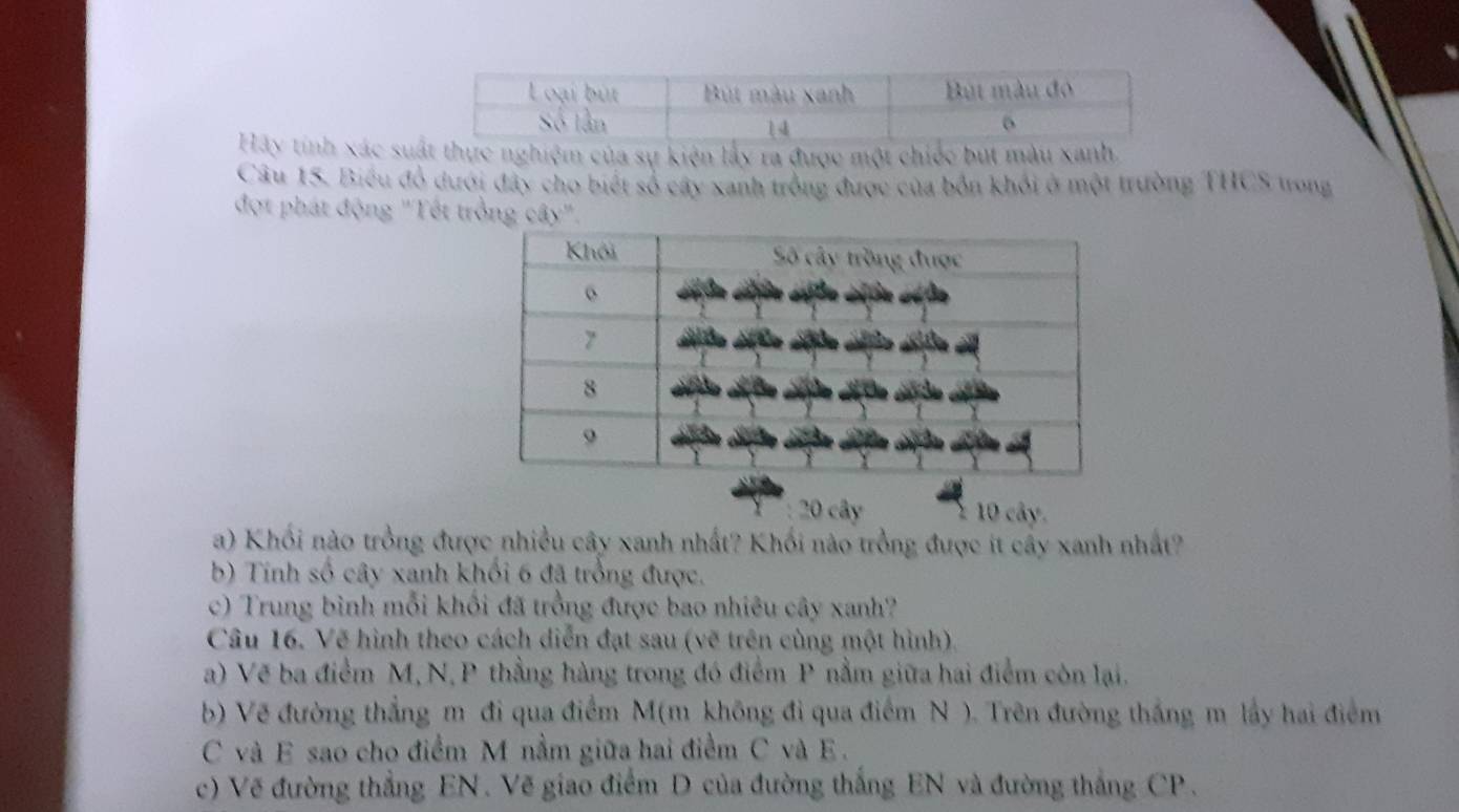 Hãy tính xác su thực nghiệm của sự kiện lấy ra được một chiếc but màu xanh. 
Câu 15. Biểu đồ dưới đây cho biết số cây xanh trống được của bốn khỏi ở một trường THCS tong 
đợt phát động "Tết trồng cây".
20 cây 10 cây. 
a) Khối nào trồng được nhiều cây xanh nhất? Khối nào trồng được it cây xanh nhất? 
b) Tính số cây xanh khối 6 đã trồng được. 
c) Trung bình mỗi khối đã trồng được bao nhiêu cây xanh? 
Câu 16. Vẽ hình theo cách diễn đạt sau (vẽ trên cùng một hình). 
a) Vẽ ba điểm M, N, P thẳng hàng trong đó điểm P nằm giữa hai điểm còn lại. 
b) Vẽ đường thẳng m đi qua điểm M (m không đi qua điểm N ). Trên đường thắng m lầy hai điểm 
C và E sao cho điểm M nằm giữa hai điểm C và E. 
c) Vẽ đường thắng EN. Vẽ giao điểm D của đường thắng EN và đường thắng CP.