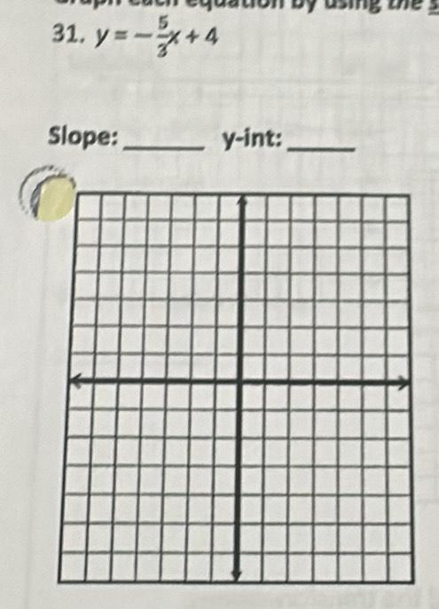 the 
31. y=- 5/3 x+4
Slope:_ y-int:_