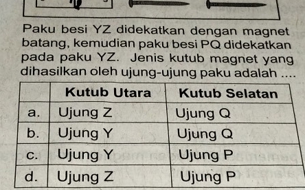 Paku besi YZ didekatkan dengan magnet 
batang, kemudian paku besi PQ didekatkan 
pada paku YZ. Jenis kutub magnet yang 
dihasilkan oleh ujung-ujung paku adalah ....