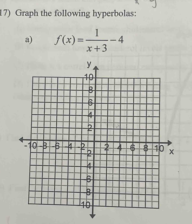 Graph the following hyperbolas: 
a) f(x)= 1/x+3 -4