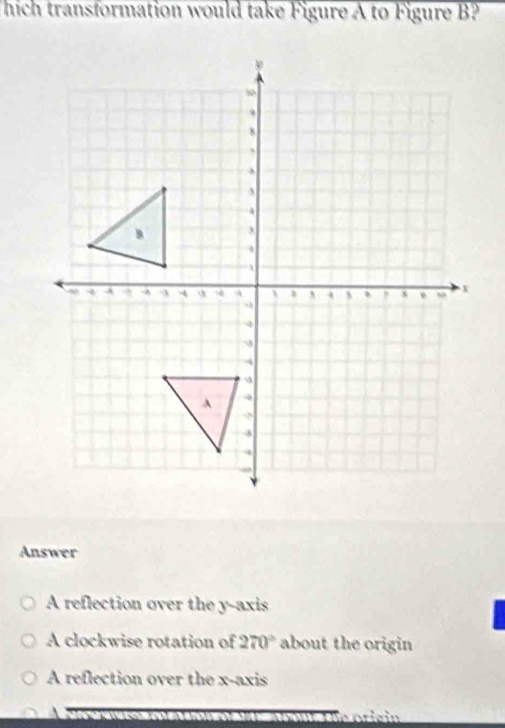 hich transformation would take Figure A to Figure B?
Answer
A reflection over the y-axis
A clockwise rotation of 270° about the origin
A reflection over the x-axis