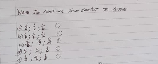 WArE Te FRncTions From Smellos overline 10 B19908 
a  1/5 ;  1/4 ;  1/6  ① 
()  1/3 ;  1/4 ;  1/6 . ① 
②  2/5 ;  2/7 ;  2/5 
d  1/8 ;  1/10 ;  1/6  ① 
e  1/2 ;  2/6 ;  1/3  ①