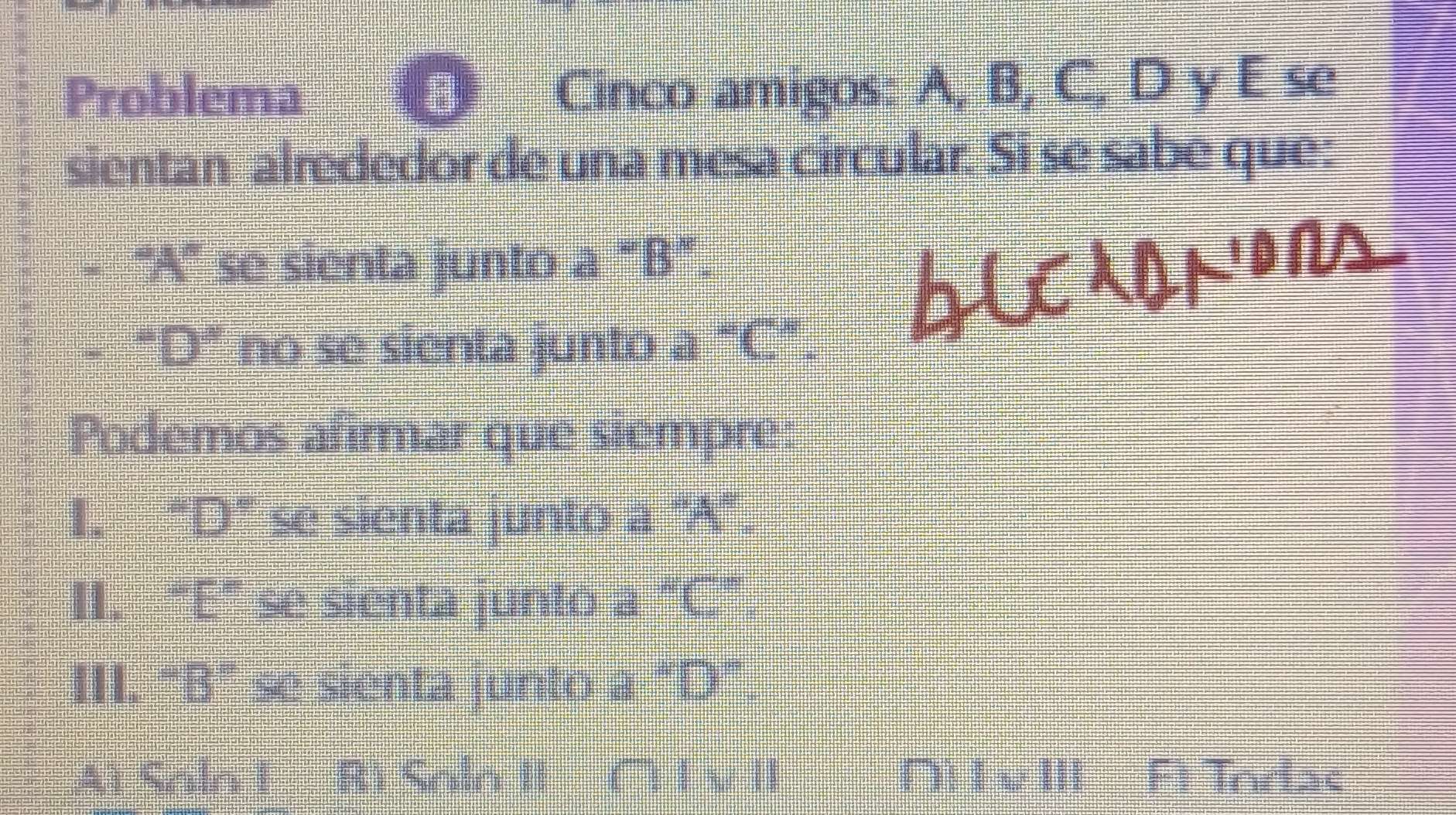 Problema Cinco amigos: A, B, C, D y E se
sientan alrededor de una mesa circular. Si se sabe que:
'A'' se sienta junto a "B".
"D" no se sienta junto a "C".
Podemos afirmar que siempre:
I. 'D' se sienta junto a ' A ''.
II. “E” se sienta junto a “ C ”.
III. “ B ” se sienta junto a "D ”.
Aì Saln I Rì Saln II Cí í v II Dit e III Fì Tndas