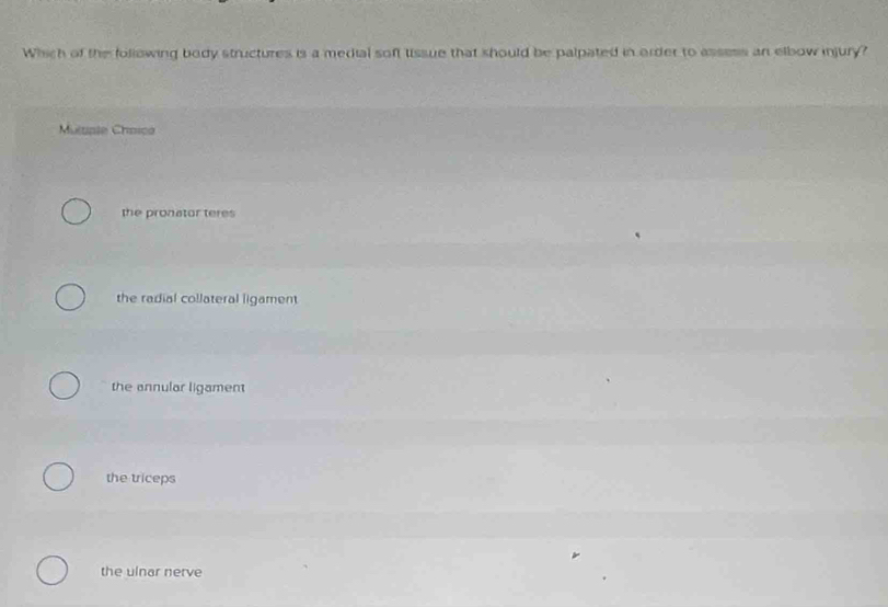 Which of the following body structures is a medial soft tissue that should be palpated in order to assess an elbow injury?
Multple Chnica
the pronator teres
the radial collateral ligament
the annular ligament
the triceps
the ulnar nerve